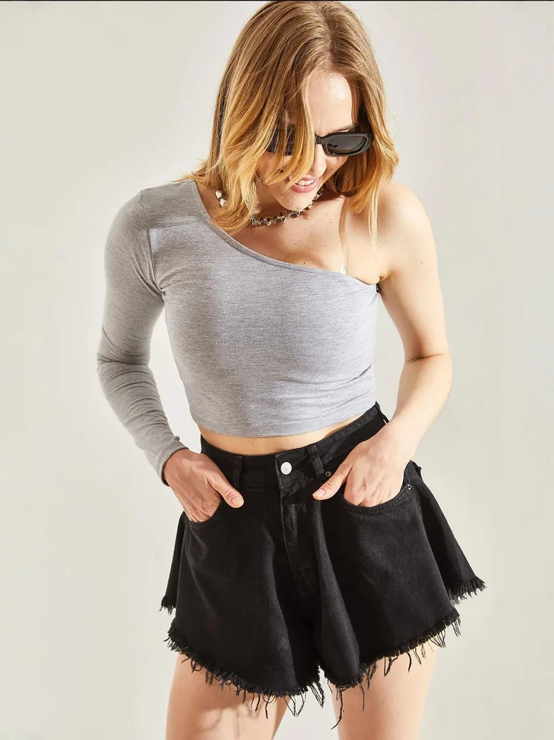 Bianco Lucci LUCCI Asymmetrical Collar Crop Blouse