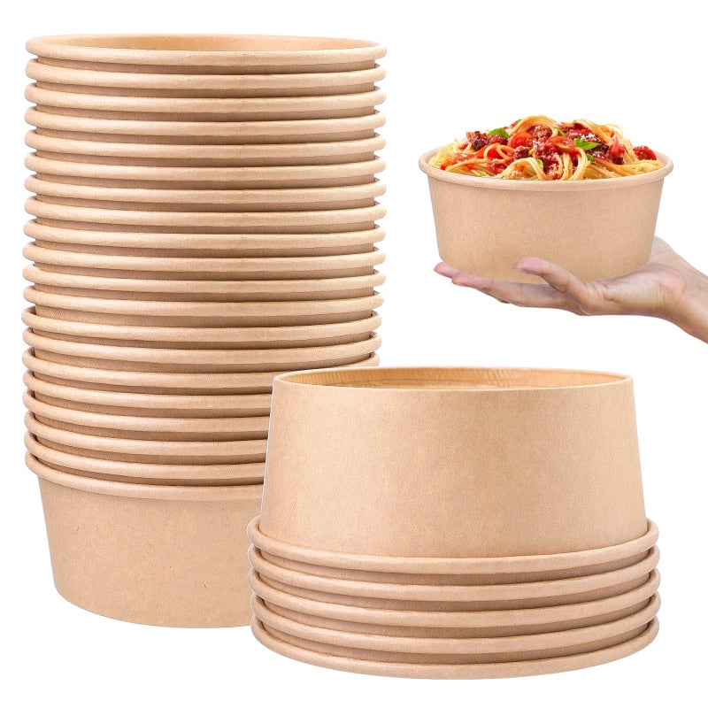 Fniiva 25 Pack 25 oz Paper Bowls with Lids  Disposable Salad Bowls for Diet Salad Ice Cream Yogurt Party Food