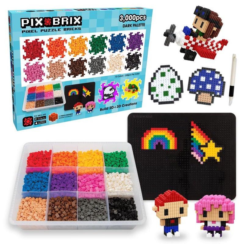 Pix Brix Pixel Art kit Puzzle Bricks 3000 Piece Pixel Art Container 12 Color Dark Palette Interlocking Building Bricks Create 2D and 3D Builds Without Water or Glue Stem Toys Ages 6 Plus - Image 3