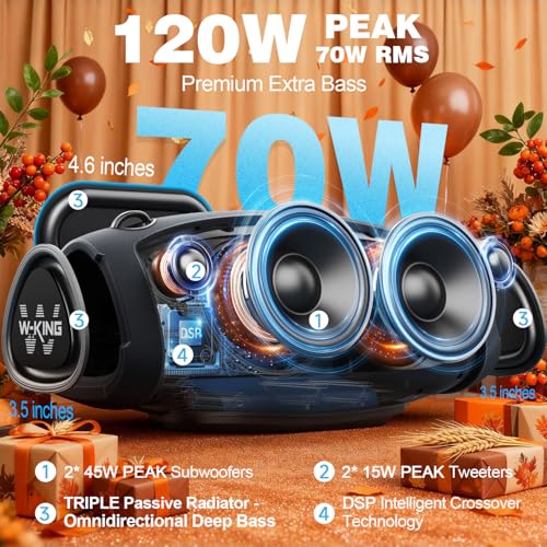 W-KING Bluetooth Speaker Loud, 120W Max Portable Speakers Bluetooth Wireless, IPX6 Waterproof Party Large Speaker Outdoor Boombox Subwoofer*2, 70W Triple Passive Radiator-42H Deep Bass, TF, AUX, EQ - Image 2