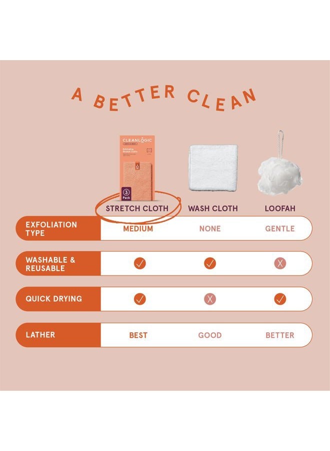 cleanlogic Body Exfoliating Cloth, Stretchy Exfoliator Bath and Shower Washcloths for Smooth and Softer Skin, Reusable Daily Skincare Tool, Assorted Colors, 3 Count Value Pack - Image 5