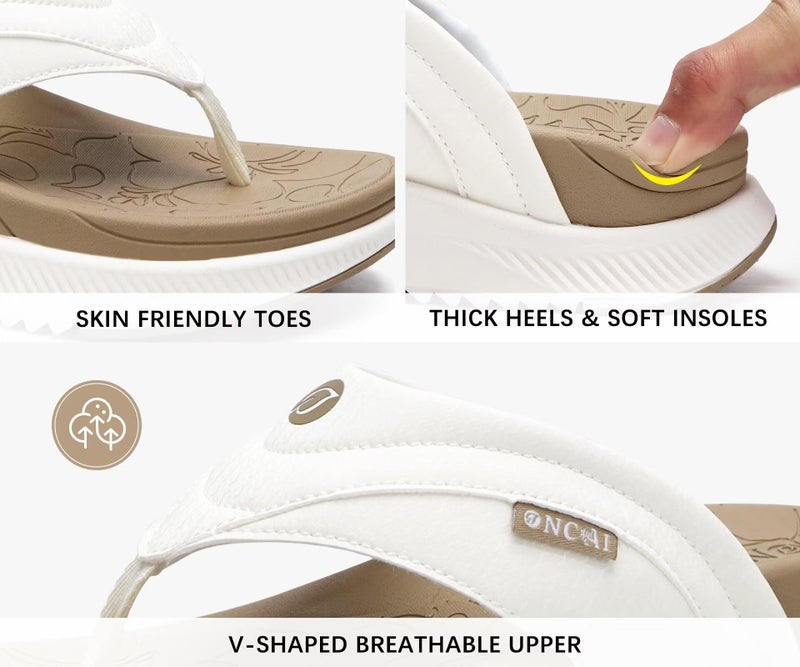 ONCAI Orthopedic Flip Flops Women with Arch Support Ladies Orthotic Recovery Sandals 2025 Comfortable Plantar Fasciitis Slip On Walking Sandal for Womans Indoor Casual Summer BeigeWhite Size 8.5 - Image 2