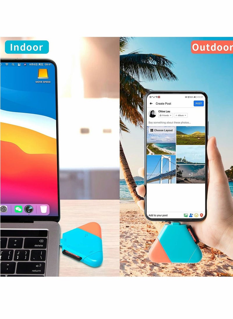 SD Card Reader, Triangle Memory Card Reader for Mobile Computer Tablet with Apple and Type-c Interface, OTG Adapter / Portable Magnetic SD / TF 3-in-1 Card Reader for PC and Smartphone (Blue & Red)