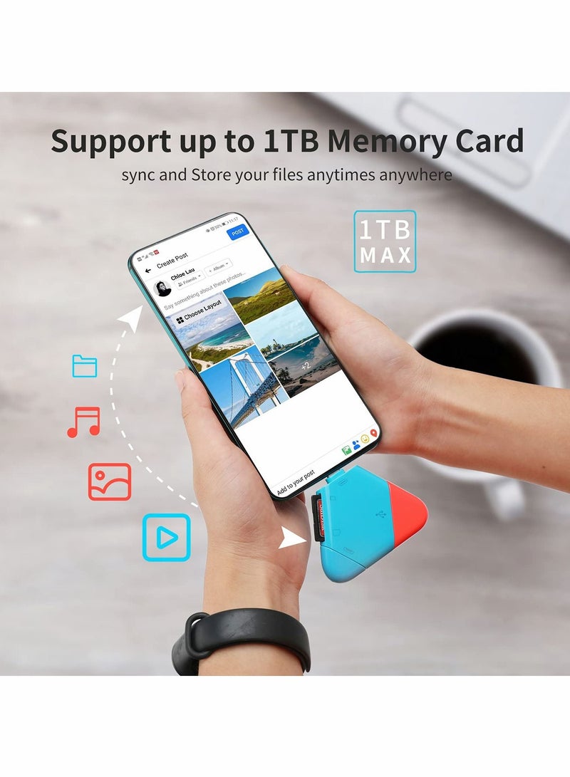 SD Card Reader, Triangle Memory Card Reader for Mobile Computer Tablet with Apple and Type-c Interface, OTG Adapter / Portable Magnetic SD / TF 3-in-1 Card Reader for PC and Smartphone (Blue & Red)