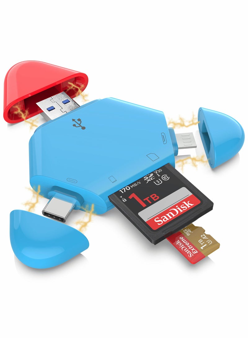 SD Card Reader, Triangle Memory Card Reader for Mobile Computer Tablet with Apple and Type-c Interface, OTG Adapter / Portable Magnetic SD / TF 3-in-1 Card Reader for PC and Smartphone (Blue & Red)