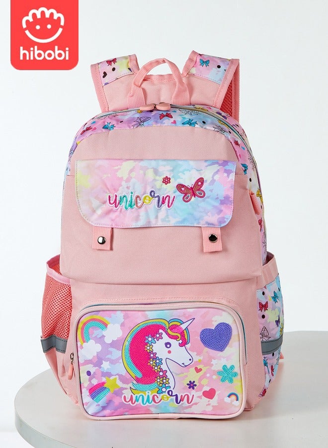 hibobi Children's School Bag for Girls Cute Unicorn Backpack for Girls, Large Capacity and Multi-functional Design with Water Bottle Side Pocket, Pink - Image 1