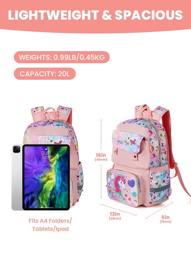 hibobi Children's School Bag for Girls Cute Unicorn Backpack for Girls, Large Capacity and Multi-functional Design with Water Bottle Side Pocket, Pink - Image 2
