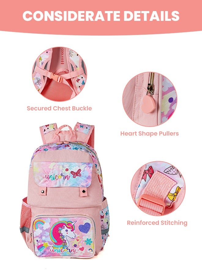 hibobi Children's School Bag for Girls Cute Unicorn Backpack for Girls, Large Capacity and Multi-functional Design with Water Bottle Side Pocket, Pink - Image 4