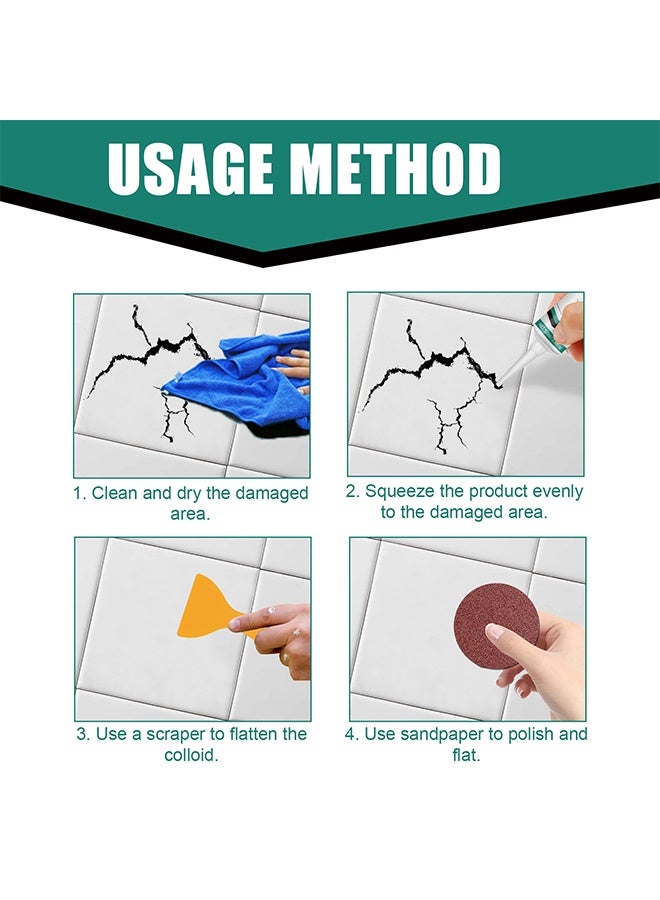 JUE-FISH Ceramic Tile Repair Paste Quick Drying Waterproof Toilet Tub Repair Kit with 3 Sandpaper & 1Scraper, Bathtub Marble Furniture Toilet Crack Repair Tile Quick-Drying Adhesive to Renew, Repair & Refresh - Image 3