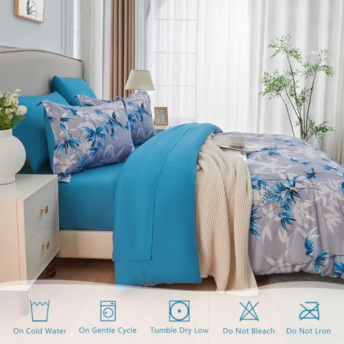 LXWORX Queen Comforter Set Blue - 7 Pieces Bed in a Bag Botanical Leaf Pattern Bedding Set, Soft Lightweight Bed Set with Comforter and Sheets for All Season (Blue,Queen) - Image 4