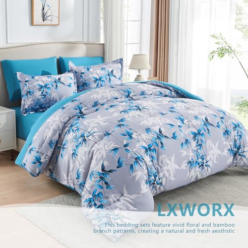 LXWORX Queen Comforter Set Blue - 7 Pieces Bed in a Bag Botanical Leaf Pattern Bedding Set, Soft Lightweight Bed Set with Comforter and Sheets for All Season (Blue,Queen) - Image 2