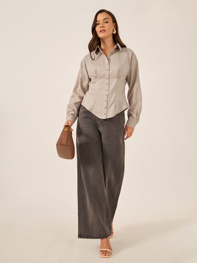 Styli Corset Detail Spread Collar Regular Fit Shirt - Image 2