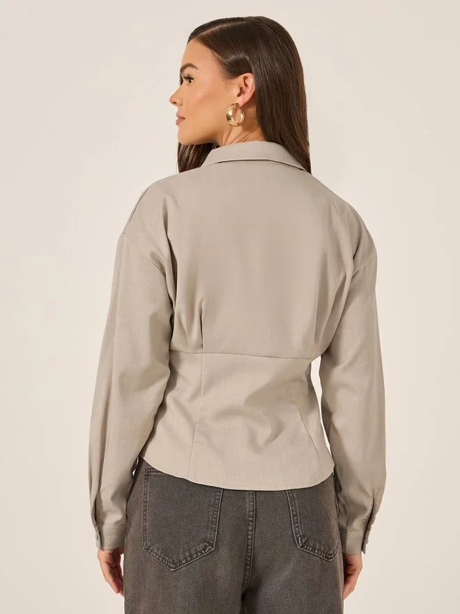 Styli Beige Corset Detail Spread Collar Regular Fit Shirt for Women | Best Price UAE