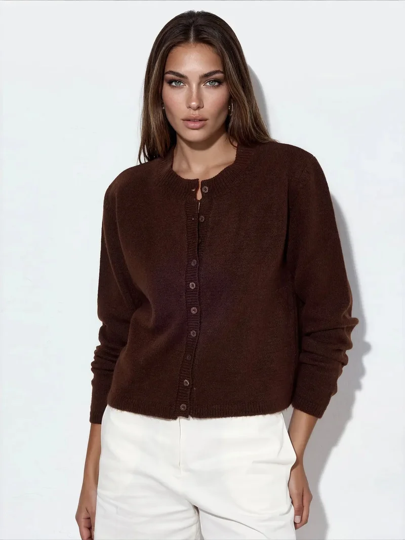 فيورنا VIORNA Ribbed Crew Neck Button Cardigan