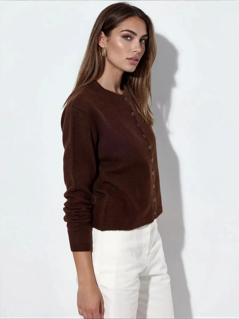 فيورنا VIORNA Ribbed Crew Neck Button Cardigan