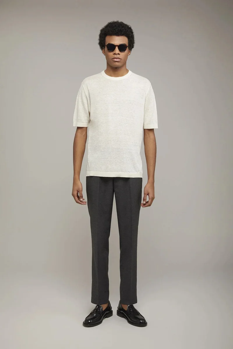 Men's knitted t-shirt 100% linen short-sleeved regular fit - Off White
