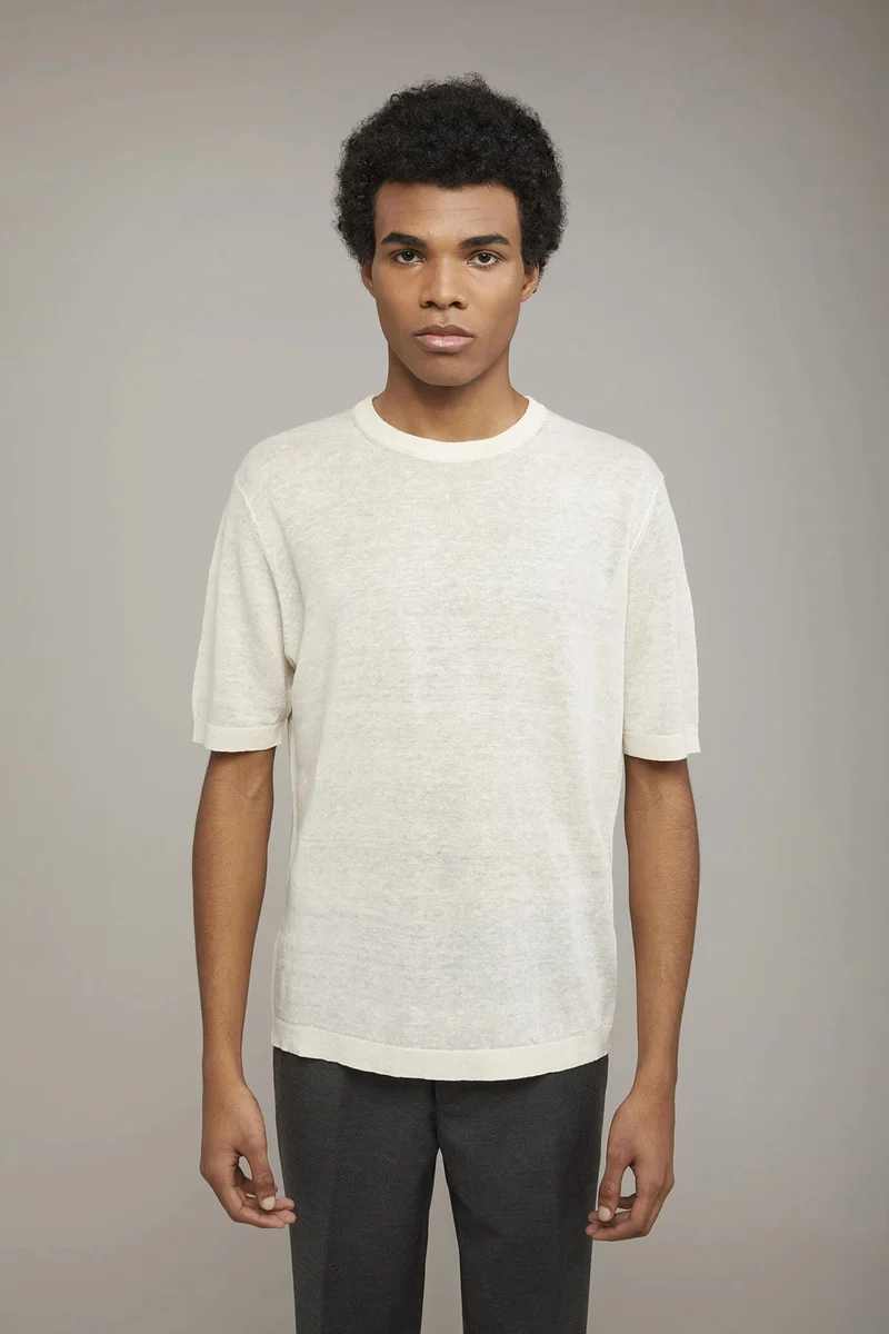 Doppelganger White Men's knitted t-shirt 100% linen short-sleeved regular fit - Off White for Men | Best Price UAE