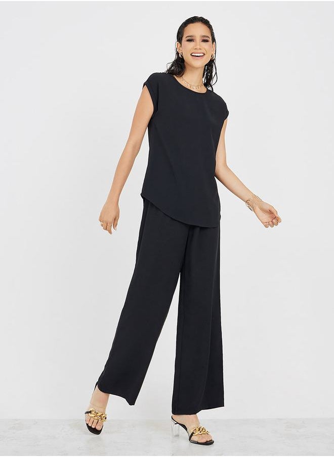 Styli Cap Sleeves Top & Wide Leg Trousers Under Abaya Set  - Image 2