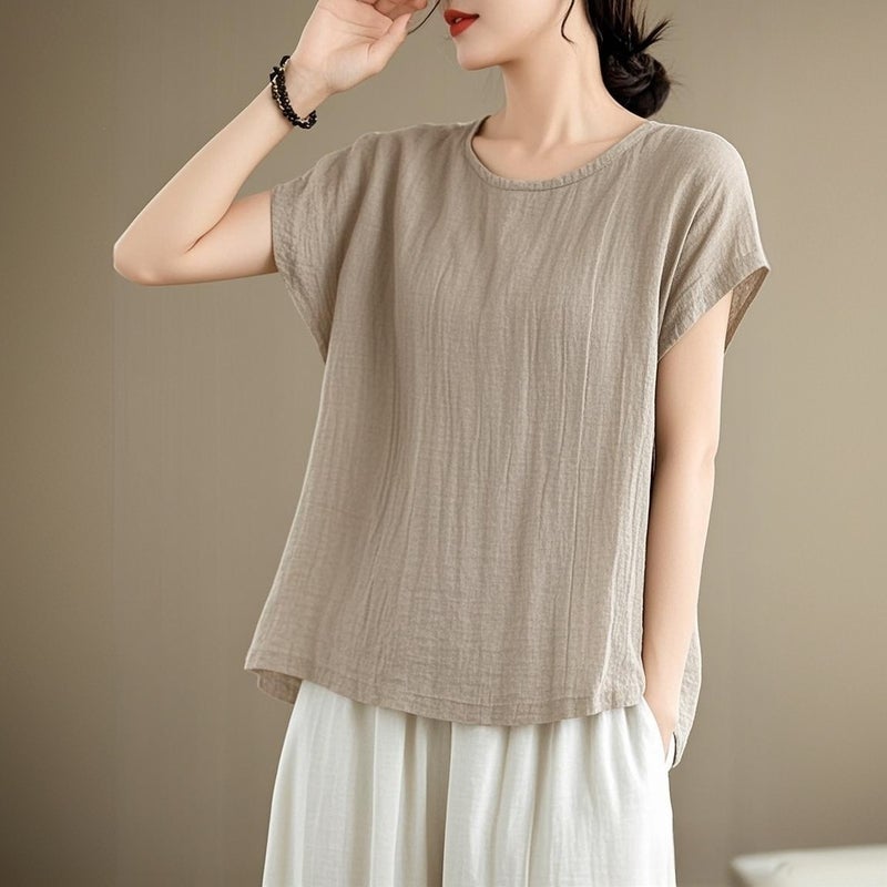 Plus Size Commuter Style Korean Style Pure Color Short-Sleeved T-Shirt Summer Thin Cotton Women'S Casual Style Two-Piece Linen White - Image 1