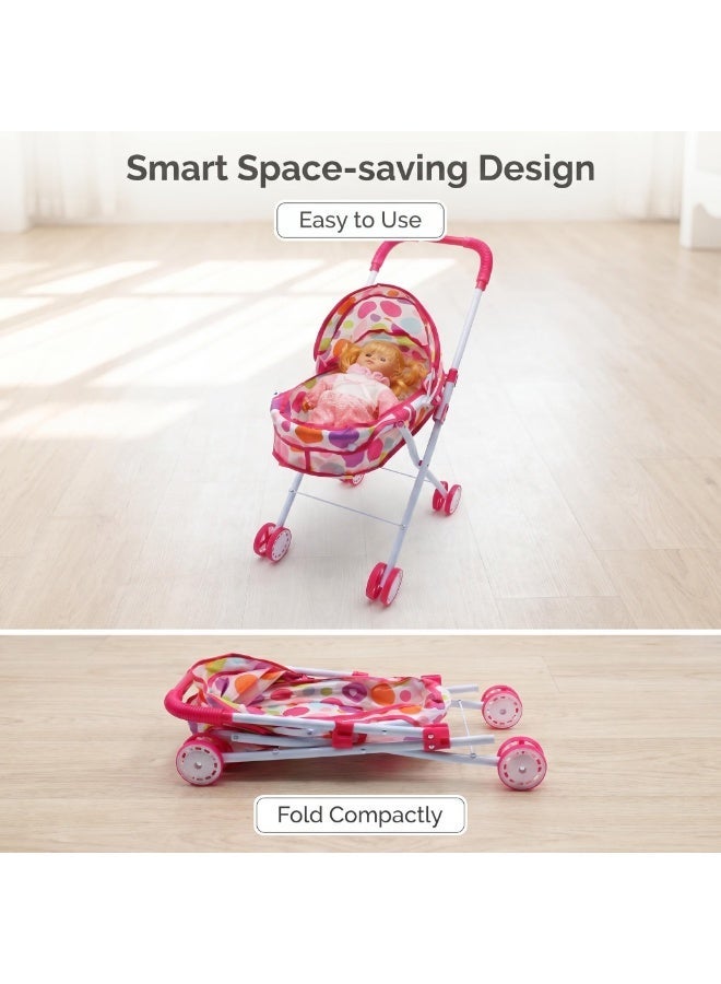 EASY FUTURE Pretend Nurture Doll Stroller Kit with 1 Matching Doll Foldable Lightweight Frame Color Polka Dot Canopy Quiet Gliding Wheels Role Play Toy for Daily Indoor Outdoor Pretend Play NO.2303 - Image 3