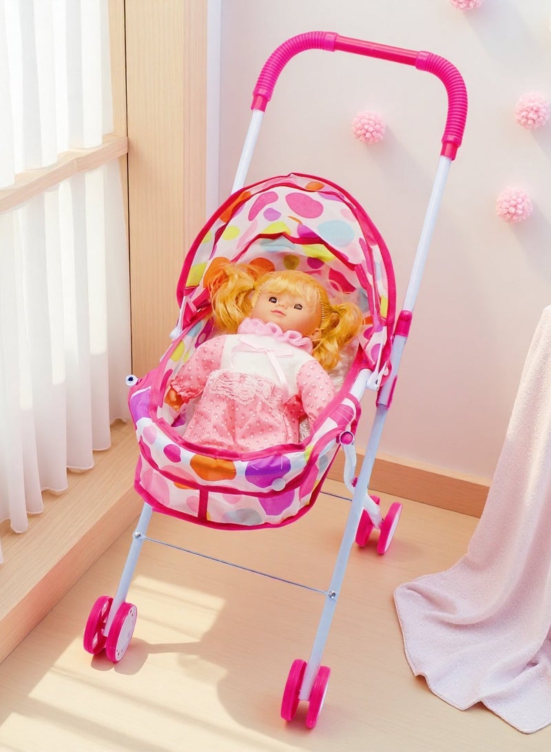 EASY FUTURE Pretend Nurture Doll Stroller Kit with 1 Matching Doll Foldable Lightweight Frame Color Polka Dot Canopy Quiet Gliding Wheels Role Play Toy for Daily Indoor Outdoor Pretend Play NO.2303 - Image 5