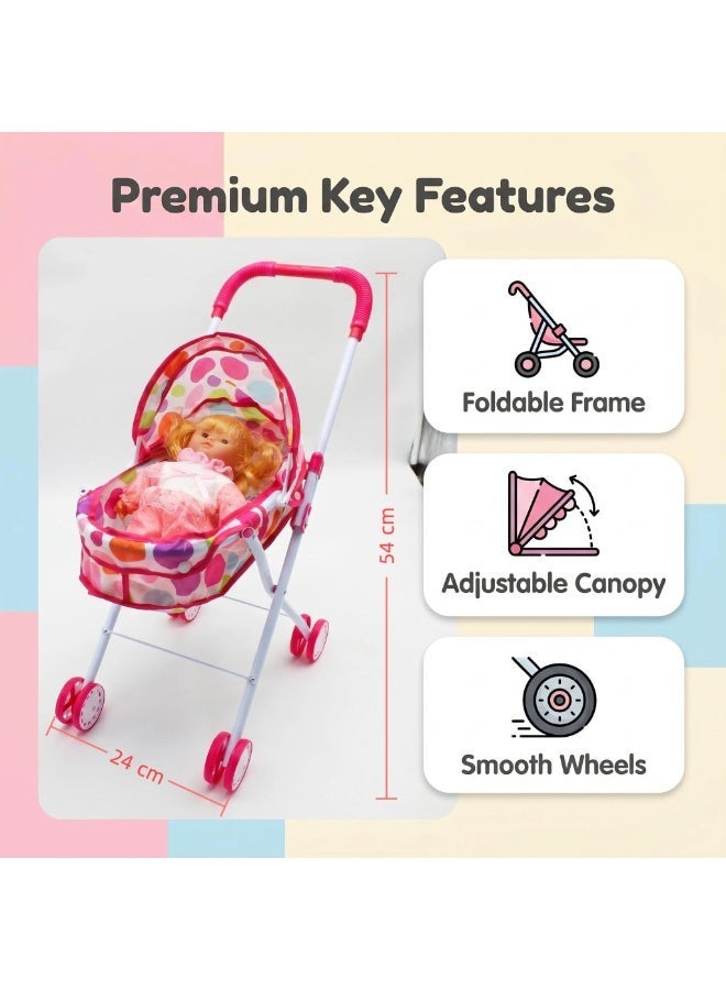EASY FUTURE Pretend Nurture Doll Stroller Kit with 1 Matching Doll Foldable Lightweight Frame Color Polka Dot Canopy Quiet Gliding Wheels Role Play Toy for Daily Indoor Outdoor Pretend Play NO.2303 - Image 2
