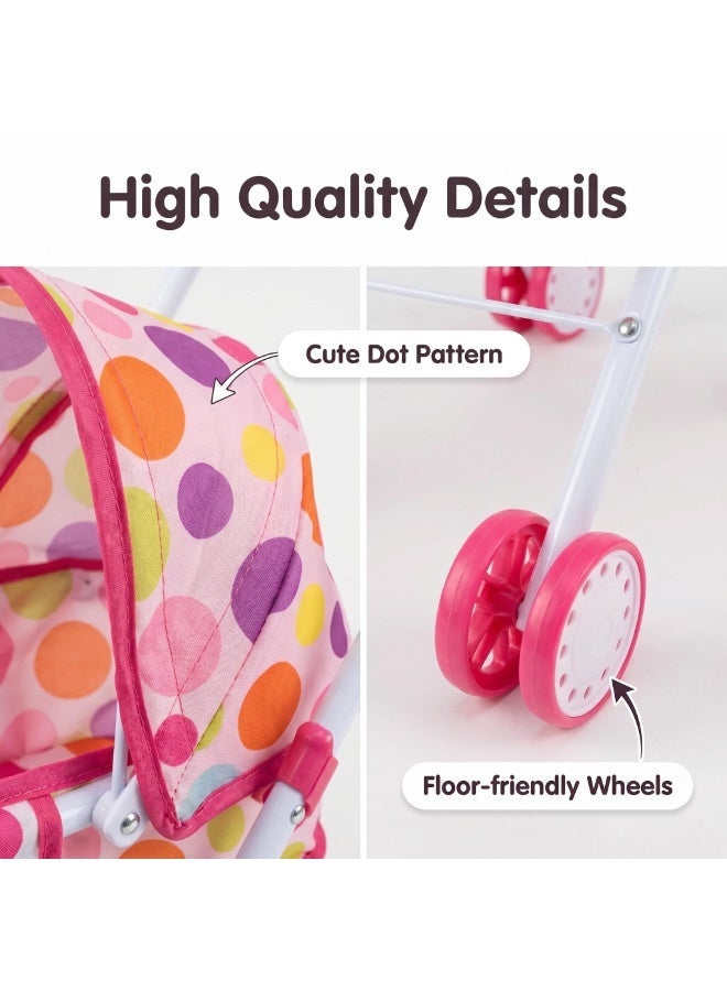 EASY FUTURE Pretend Nurture Doll Stroller Kit with 1 Matching Doll Foldable Lightweight Frame Color Polka Dot Canopy Quiet Gliding Wheels Role Play Toy for Daily Indoor Outdoor Pretend Play NO.2303 - Image 4