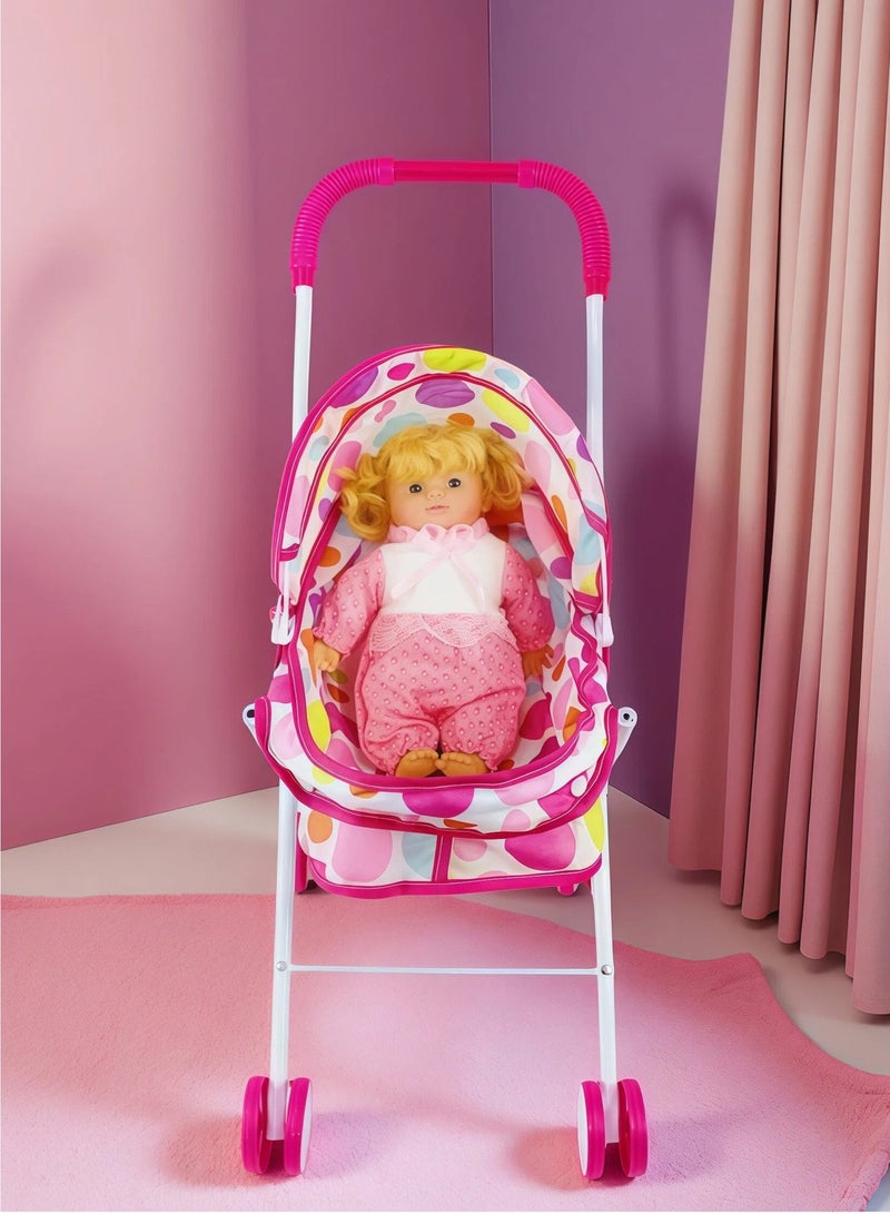 EASY FUTURE Pretend Nurture Doll Stroller Kit with 1 Matching Doll Foldable Lightweight Frame Color Polka Dot Canopy Quiet Gliding Wheels Role Play Toy for Daily Indoor Outdoor Pretend Play NO.2303 - Image 1
