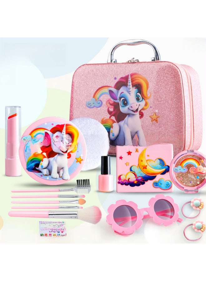 Children's Princess Makeup Toy Set Girls Simulation Dress Up Cosmetic Handbag Purse Kit Fashionable Compact Mirror Included-Color:Pink Pony Series 16-piece Color Box  - Image 1