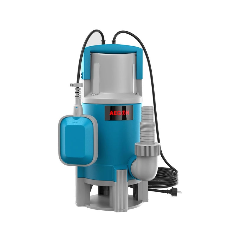 AEGON مضخة صرف صحي غاطسة من النحاس الخالص ASP1100 بقوة 1.5 حصان / مضخة تصريف المياه مع مفتاح عائم للصرف - 16000 لتر/ساعة، ارتفاع 9م (أزرق) - Image 1