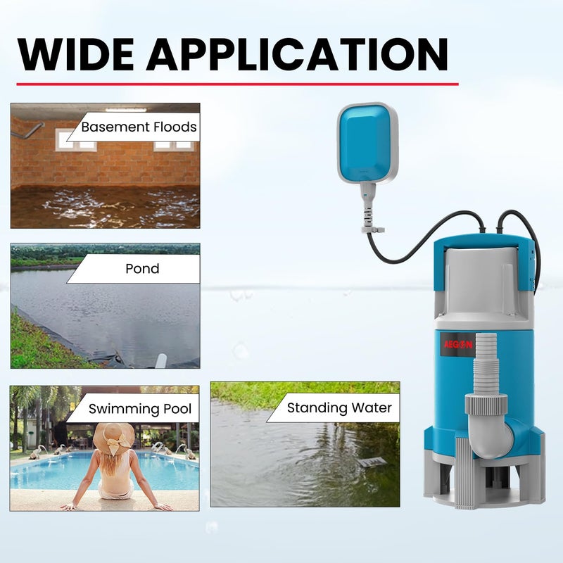 AEGON مضخة صرف صحي غاطسة من النحاس الخالص ASP1100 بقوة 1.5 حصان / مضخة تصريف المياه مع مفتاح عائم للصرف - 16000 لتر/ساعة، ارتفاع 9م (أزرق) - Image 5