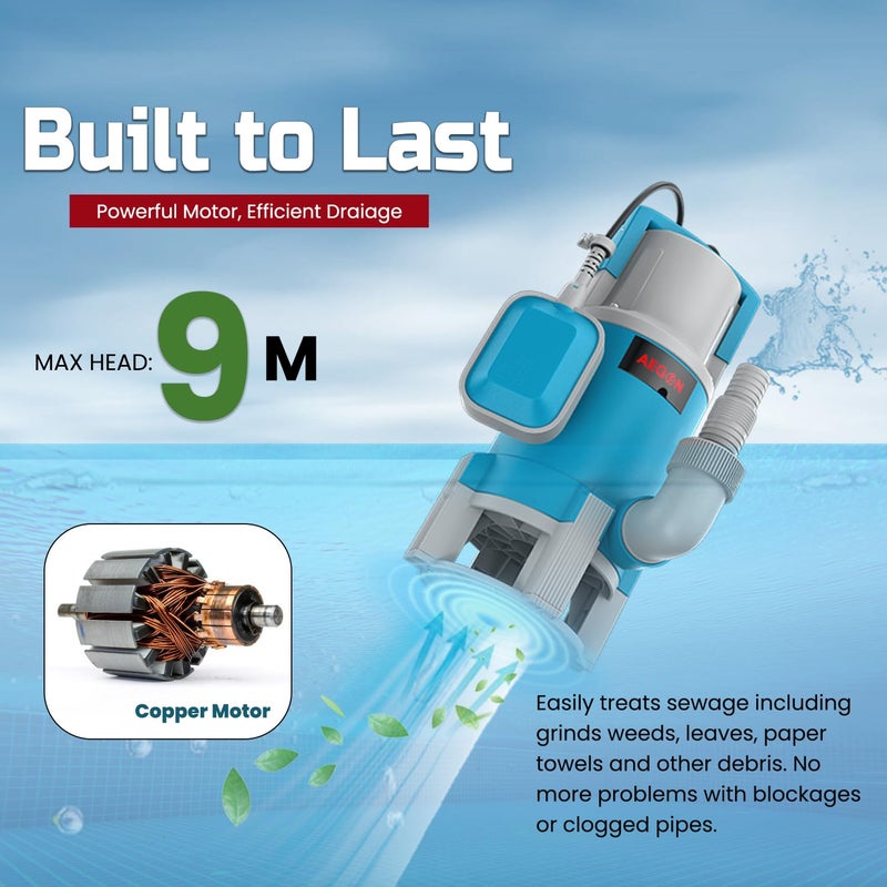 AEGON مضخة صرف صحي غاطسة من النحاس الخالص ASP1100 بقوة 1.5 حصان / مضخة تصريف المياه مع مفتاح عائم للصرف - 16000 لتر/ساعة، ارتفاع 9م (أزرق) - Image 3