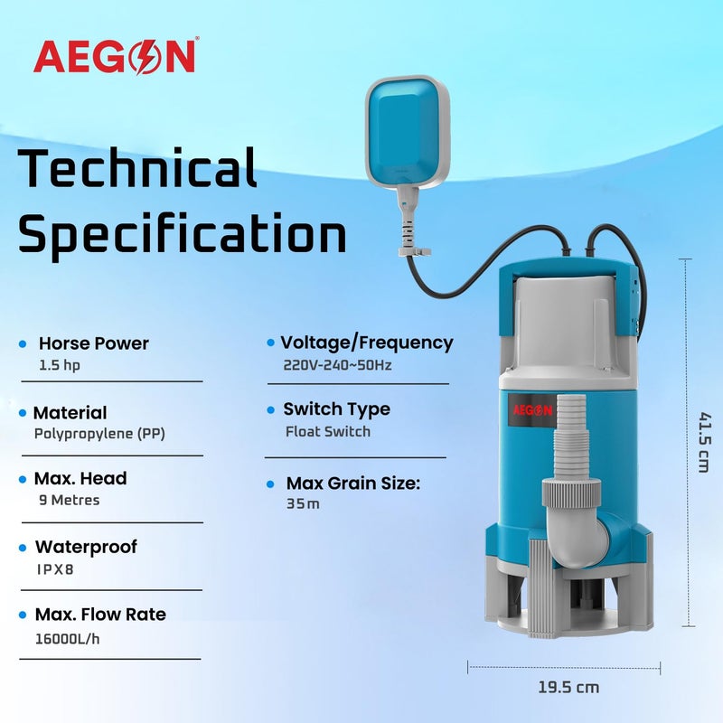 AEGON مضخة صرف صحي غاطسة من النحاس الخالص ASP1100 بقوة 1.5 حصان / مضخة تصريف المياه مع مفتاح عائم للصرف - 16000 لتر/ساعة، ارتفاع 9م (أزرق) - Image 2