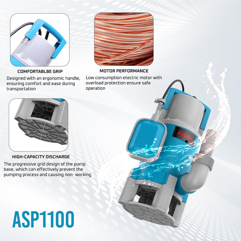 AEGON مضخة صرف صحي غاطسة من النحاس الخالص ASP1100 بقوة 1.5 حصان / مضخة تصريف المياه مع مفتاح عائم للصرف - 16000 لتر/ساعة، ارتفاع 9م (أزرق) - Image 4