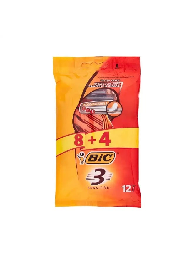 Bic 3 Sensitive Mens Triple Disposable Shaver Pack of 12 Pcs