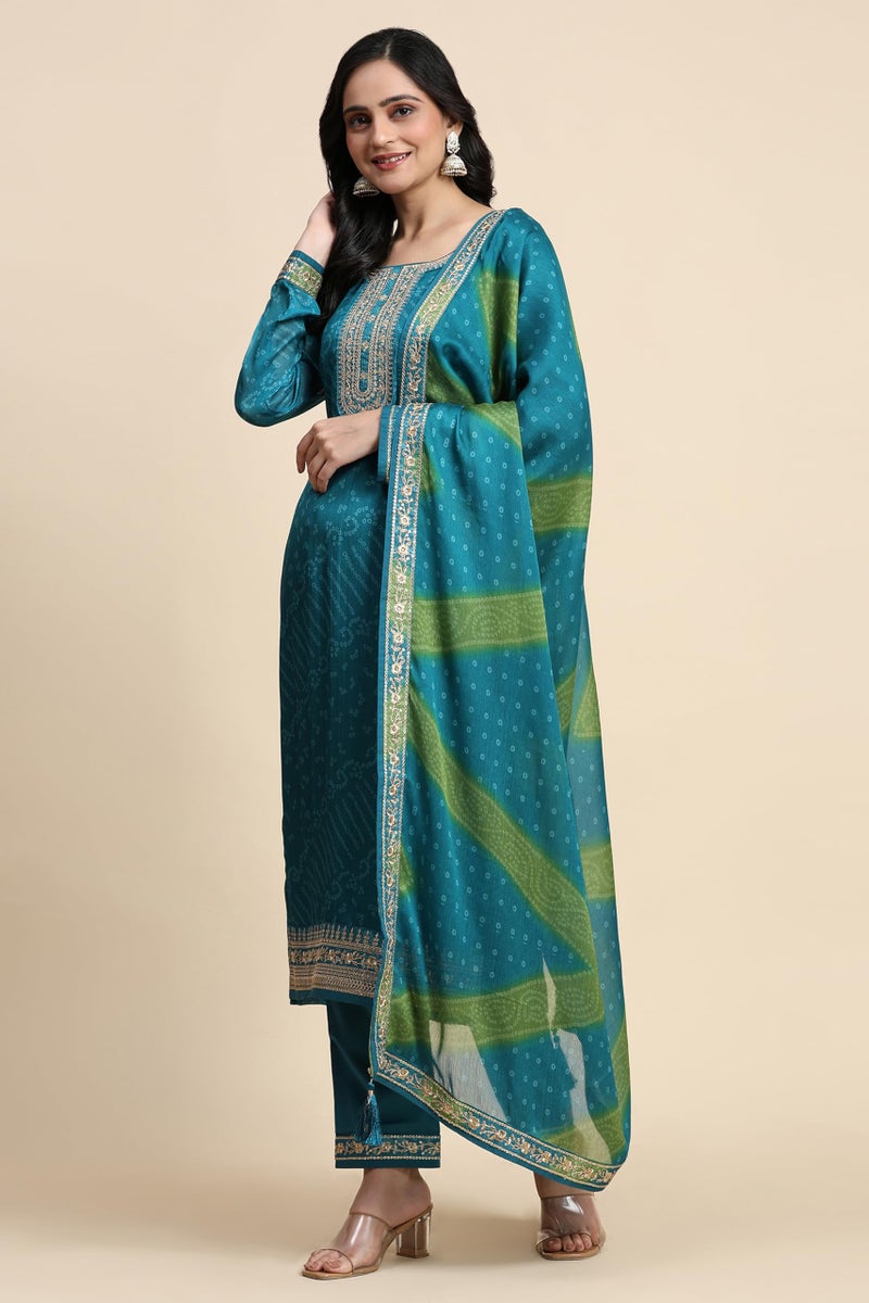 TRENDMALLS Women's Chiffon Embroidery Bandhani Print Salwar Suit Set Kurta Pant with Dupatta (G247-Turquoise-S) - Image 3