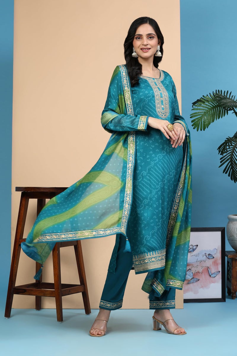 TRENDMALLS Women's Chiffon Embroidery Bandhani Print Salwar Suit Set Kurta Pant with Dupatta (G247-Turquoise-S) - Image 4