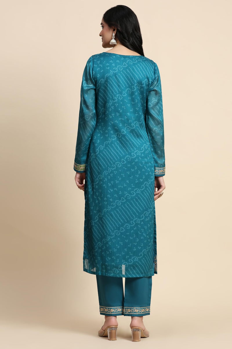 TRENDMALLS Women's Chiffon Embroidery Bandhani Print Salwar Suit Set Kurta Pant with Dupatta (G247-Turquoise-S) - Image 2