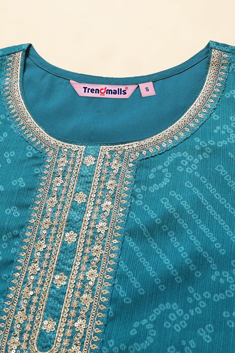 TRENDMALLS Women's Chiffon Embroidery Bandhani Print Salwar Suit Set Kurta Pant with Dupatta (G247-Turquoise-S) - Image 5