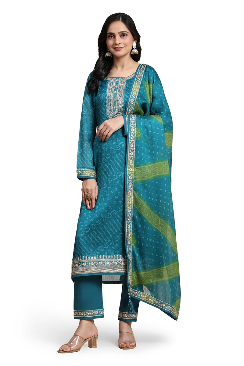 TRENDMALLS Women's Chiffon Embroidery Bandhani Print Salwar Suit Set Kurta Pant with Dupatta (G247-Turquoise-S) - Image 1
