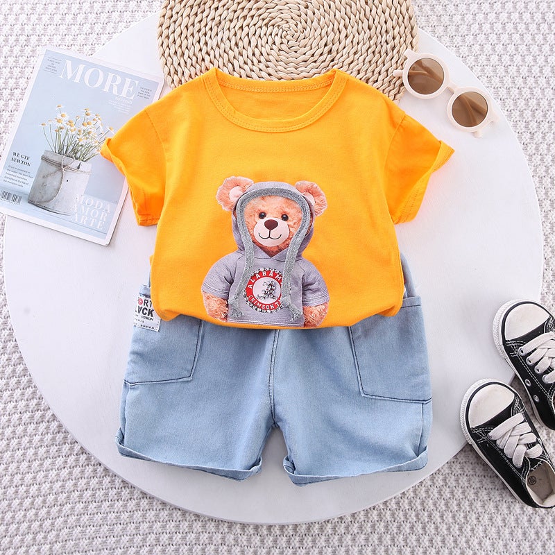 Mens and Womens Baby Summer Suit New Baby Childrens Wear Western Style Childrens Summer Wear Cartoon Short-sleeved Two-piece Set for Hair Orange 