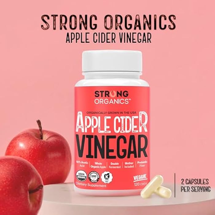 Strong Organics أقراص خل التفاح مع الأم (10% حمض الأسيتيك - قوة مزدوجة) - تفاح عضوي مزروع في الولايات المتحدة - دعم الهضم والانتفاخ - كيتو، نباتي، كوشير - 120 حبة - Image 2