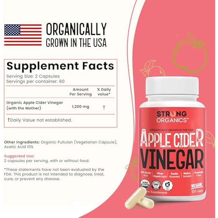 Strong Organics أقراص خل التفاح مع الأم (10% حمض الأسيتيك - قوة مزدوجة) - تفاح عضوي مزروع في الولايات المتحدة - دعم الهضم والانتفاخ - كيتو، نباتي، كوشير - 120 حبة - Image 4