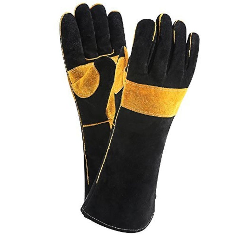 JDYYICZ Welding Gloves Double Layered Heat Resistant Lined Leather with Velvet Black 16 Inch for Mig Tig Welders BBQ Gardening Camping Stove Fireplace