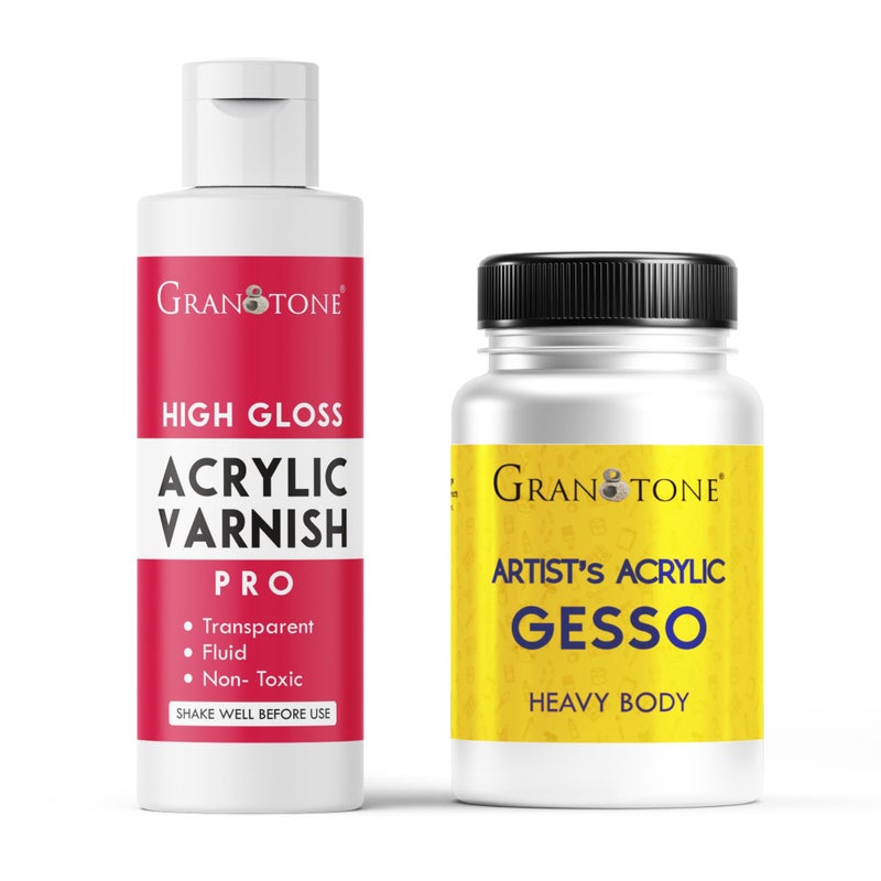 Granotone مجموعة جيسو أكريليك أبيض 100 مل وورنيش لامع عالي 100 مل من جراناتون - مستلزمات فنية متميزة للفنانين - مثالية لتحضير القماش وإضافة اللمعان - تجفيف سريع وتشطيب متين - Image 1