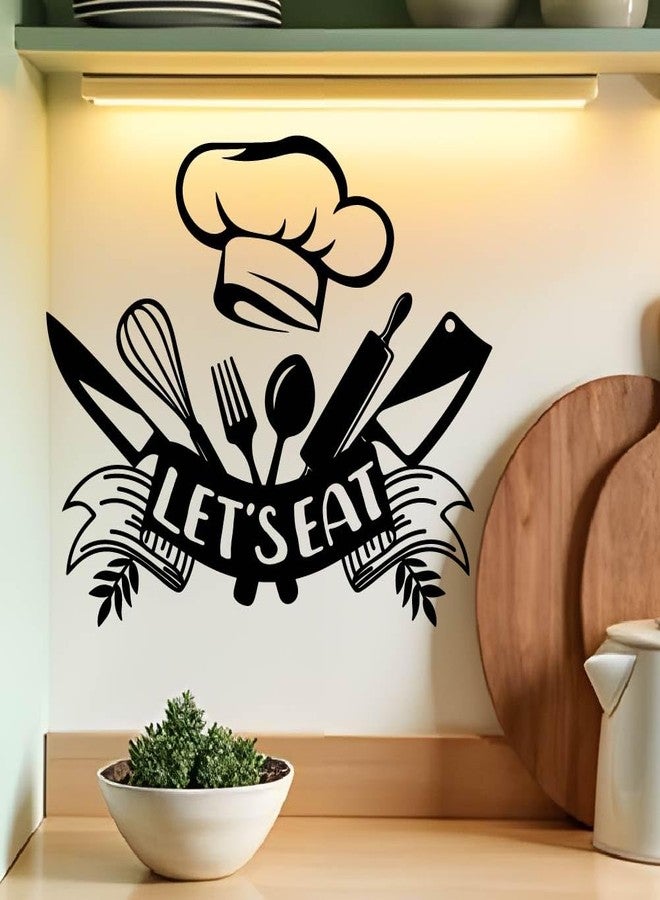 SUPERDANT Let's Eat Cutlery Wall Sticker Kitchen Restaurant Decals Vinyl Art Decor Let's Eat Wall Stickers Decals for Home Kitchen Dining Room Decoration Black - Image 1