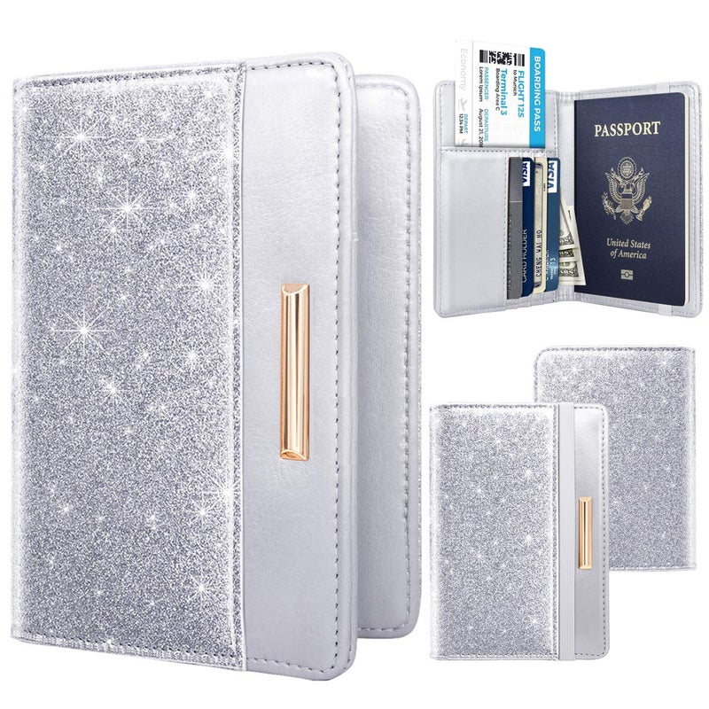 Coco Rossi Passport Holder Cover Women's Travel Wallet RFID Blocking Cute Slim Passport Wallet with Elastic Band, Silver - Image 2