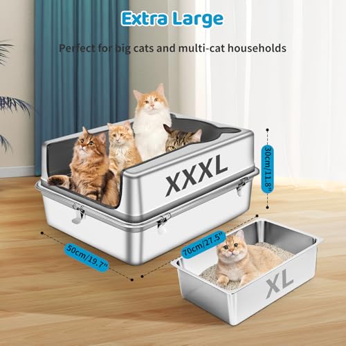 Bartuke Extra Large Stainless Steel Cat Litter Box, 27.5" L x 19.7" W x 12" H XXXL Semi Enclosed Removable Metal Litter Tray with High Sided Enclosure, Scoop, Anti-Leakage, Non-Sticky, Easy Cleaning - Image 2