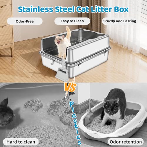 Bartuke Extra Large Stainless Steel Cat Litter Box, 27.5" L x 19.7" W x 12" H XXXL Semi Enclosed Removable Metal Litter Tray with High Sided Enclosure, Scoop, Anti-Leakage, Non-Sticky, Easy Cleaning - Image 5