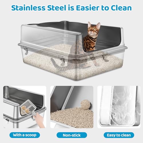 Bartuke Extra Large Stainless Steel Cat Litter Box, 27.5" L x 19.7" W x 12" H XXXL Semi Enclosed Removable Metal Litter Tray with High Sided Enclosure, Scoop, Anti-Leakage, Non-Sticky, Easy Cleaning - Image 4